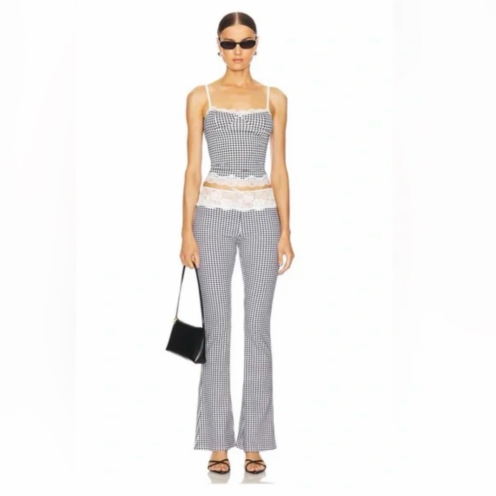 Lioness Black & White Gingham Lace-Trim Flare Leggings